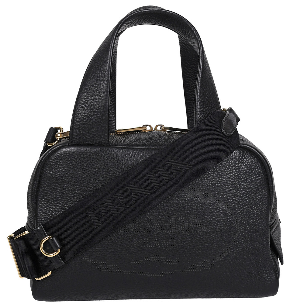 Prada Top Handle Bag Perforated Boston Handbag Shoulder Leather Black